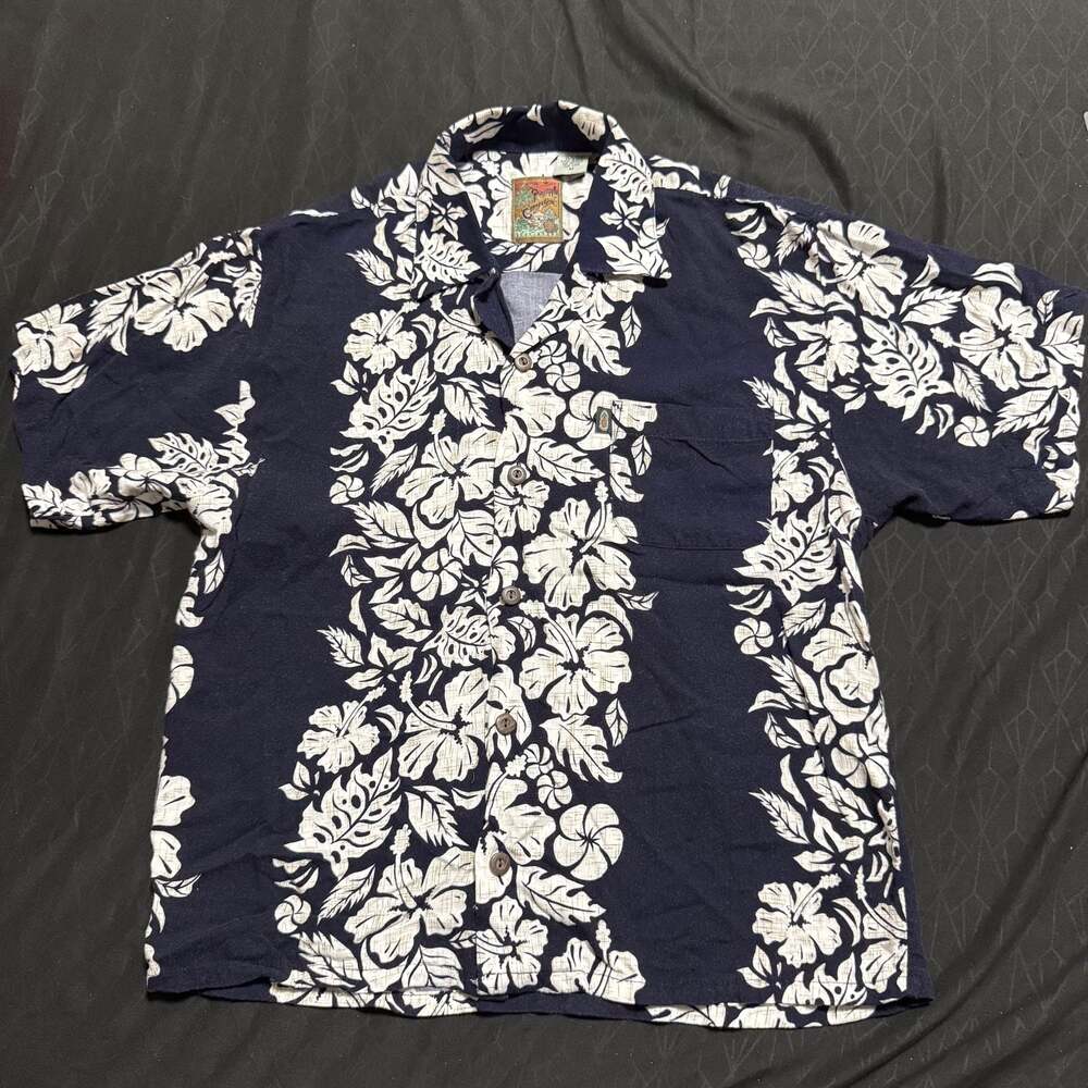 Pineapple Connection Hawaiian Shirt Mens M Navy Blue White Floral Rayon Short Sl